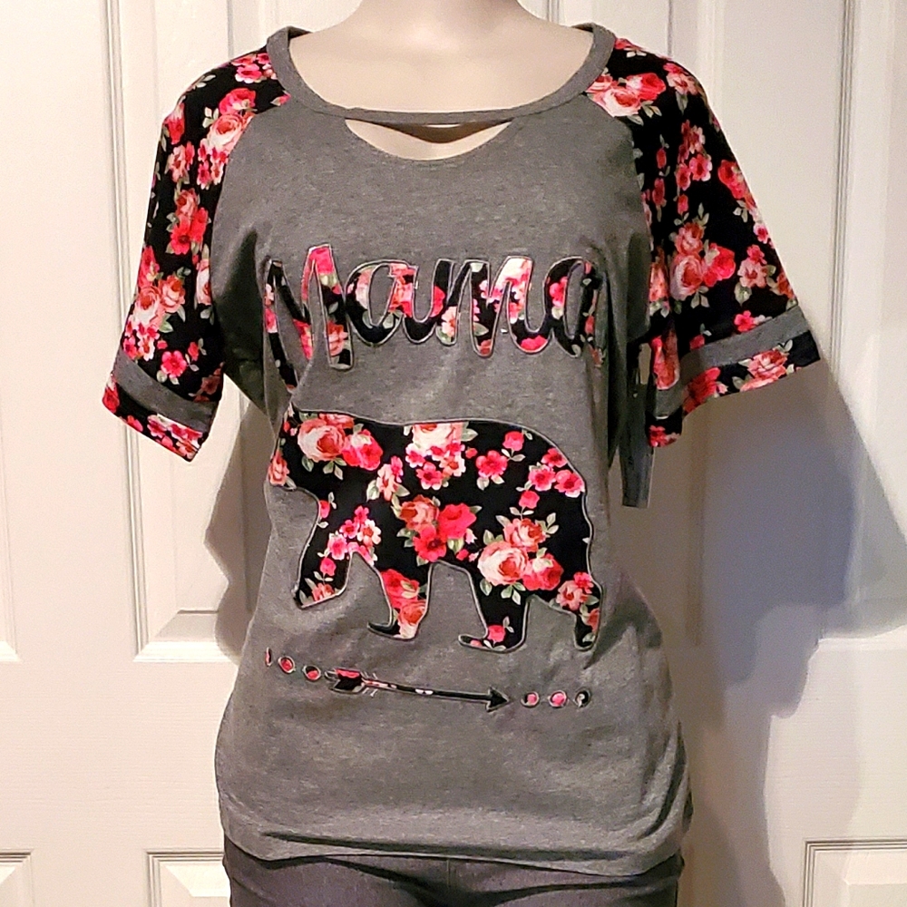 Grey and Floral Mama Bear Keyhole Top